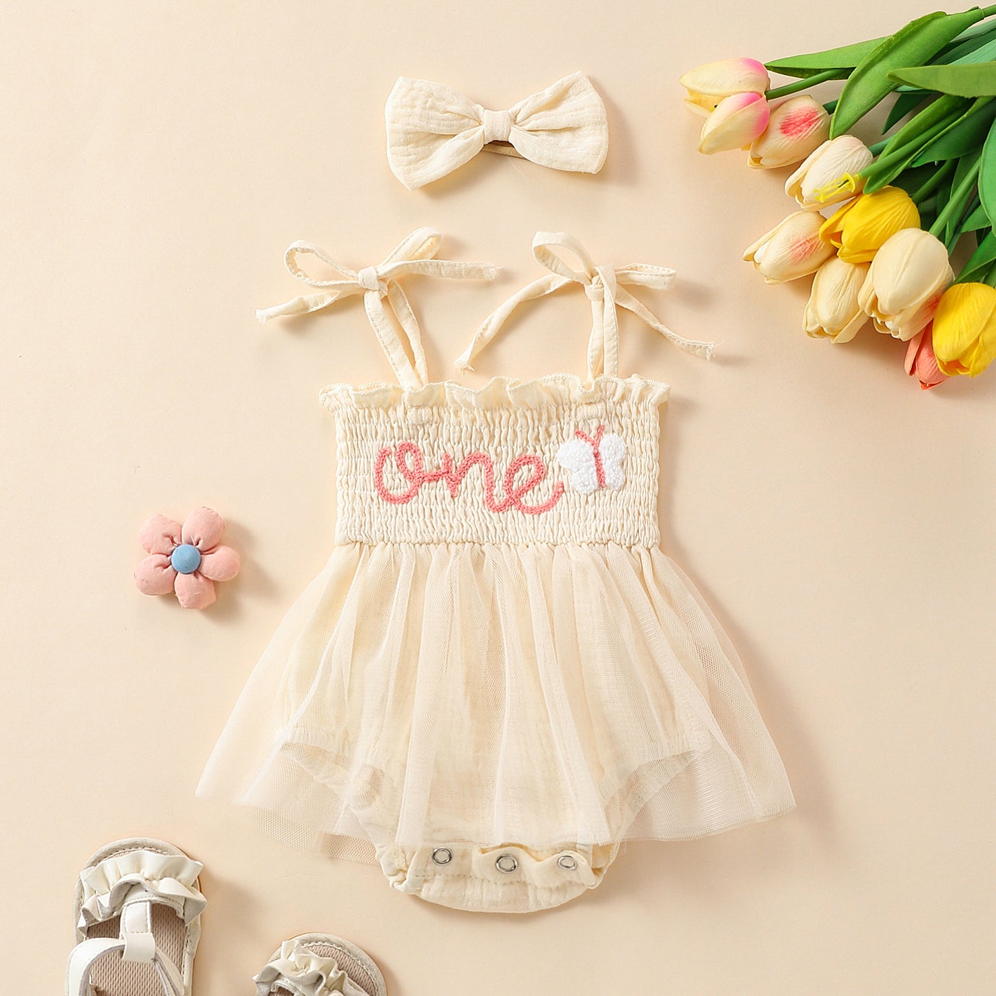 Towel Embroidery Mesh Slip Dress Bowknot Headband Two-piece Set - MomiDream