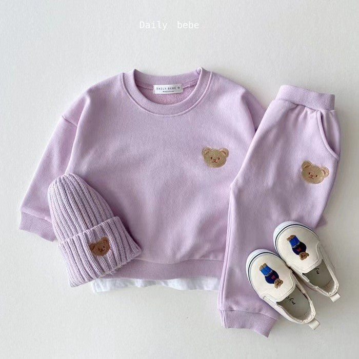 Newborn Infant Children's Cotton Bear Round Neck Sweater Sports Suit Cartoon Two Piece Set - MomiDream