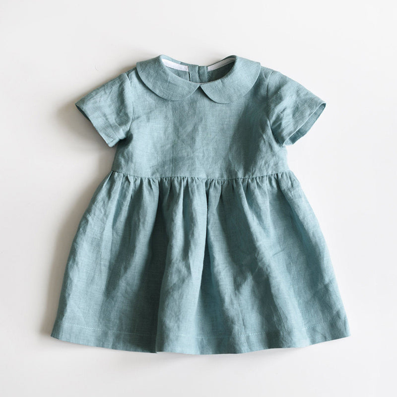 Girls' Linen Doll Collar Short Sleeve Dress