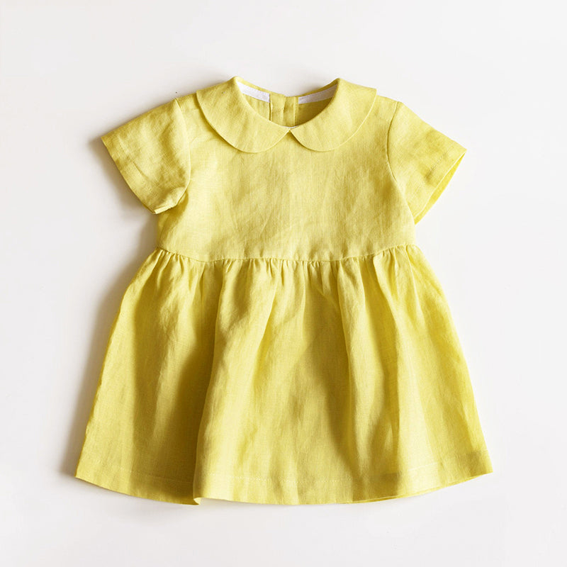 Girls' Linen Doll Collar Short Sleeve Dress