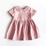 Girls' Linen Doll Collar Short Sleeve Dress