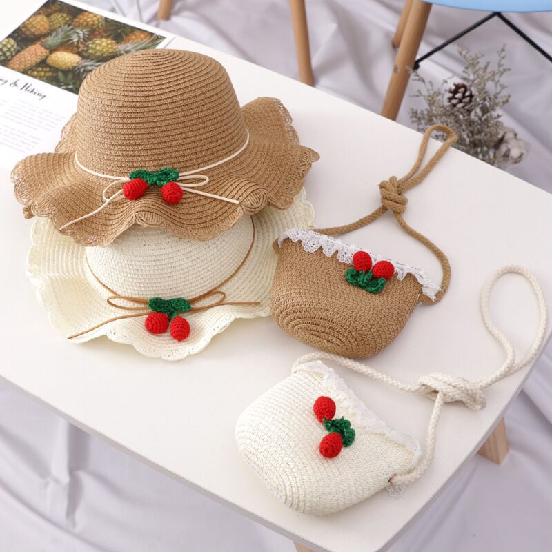 Girl Cherry Straw Hat Bag Set Princess Hat Beach Hat Sun Hat - MomiDream