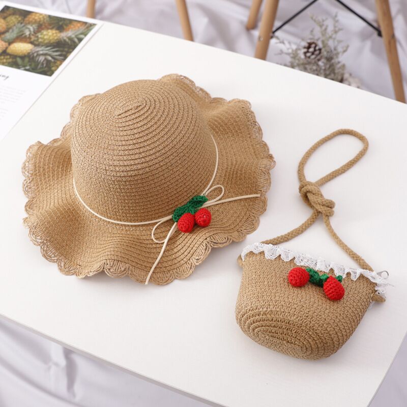 Girl Cherry Straw Hat Bag Set Princess Hat Beach Hat Sun Hat - MomiDream