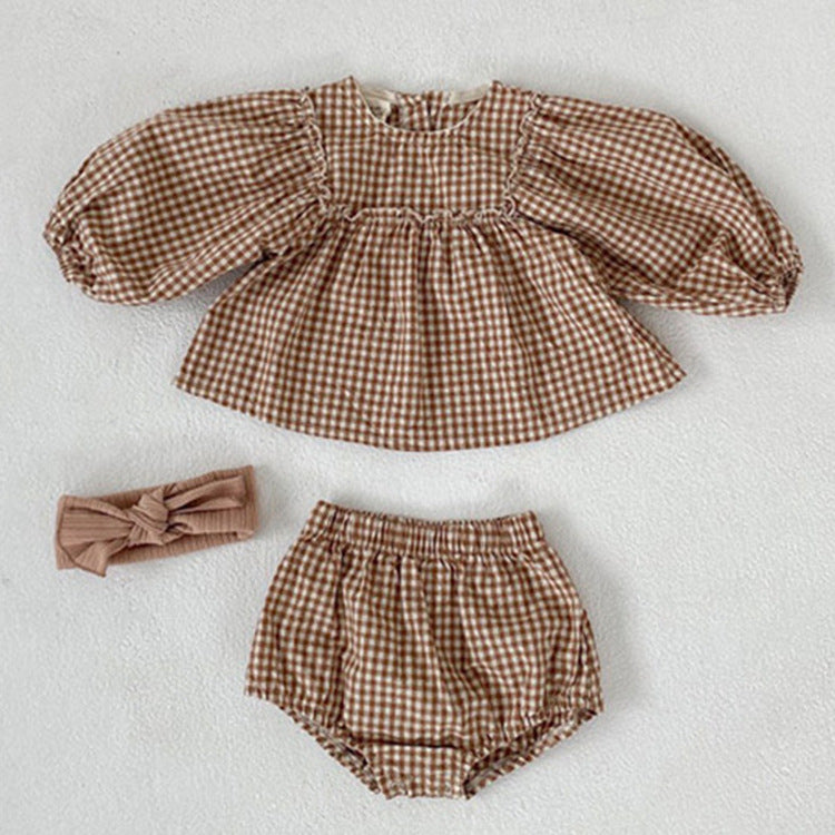 Girl's Suit Western Style Plaid Puff Sleeve Doll Top With Fart Pants Suit
