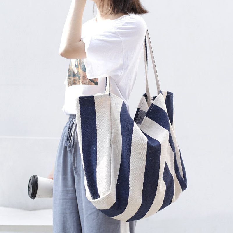 Striped Canvas Bags High Capacity Shoulder Bags For Women Fashion Shopper Handbags Casual Shopping Totes - MomiDream