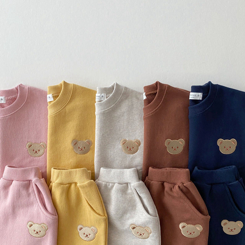 Korean Style Ins Newborn Infant Children's Cotton Bear Round Neck Sweater Sports Suit Baby Leisure Cartoon Two Piece Set - MomiDream