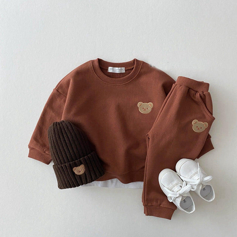Korean Style Ins Newborn Infant Children's Cotton Bear Round Neck Sweater Sports Suit Baby Leisure Cartoon Two Piece Set - MomiDream
