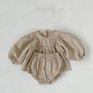 Girl's Suit Western Style Plaid Puff Sleeve Doll Top With Fart Pants Suit