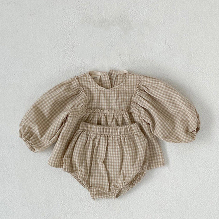 Girl's Suit Western Style Plaid Puff Sleeve Doll Top With Fart Pants Suit