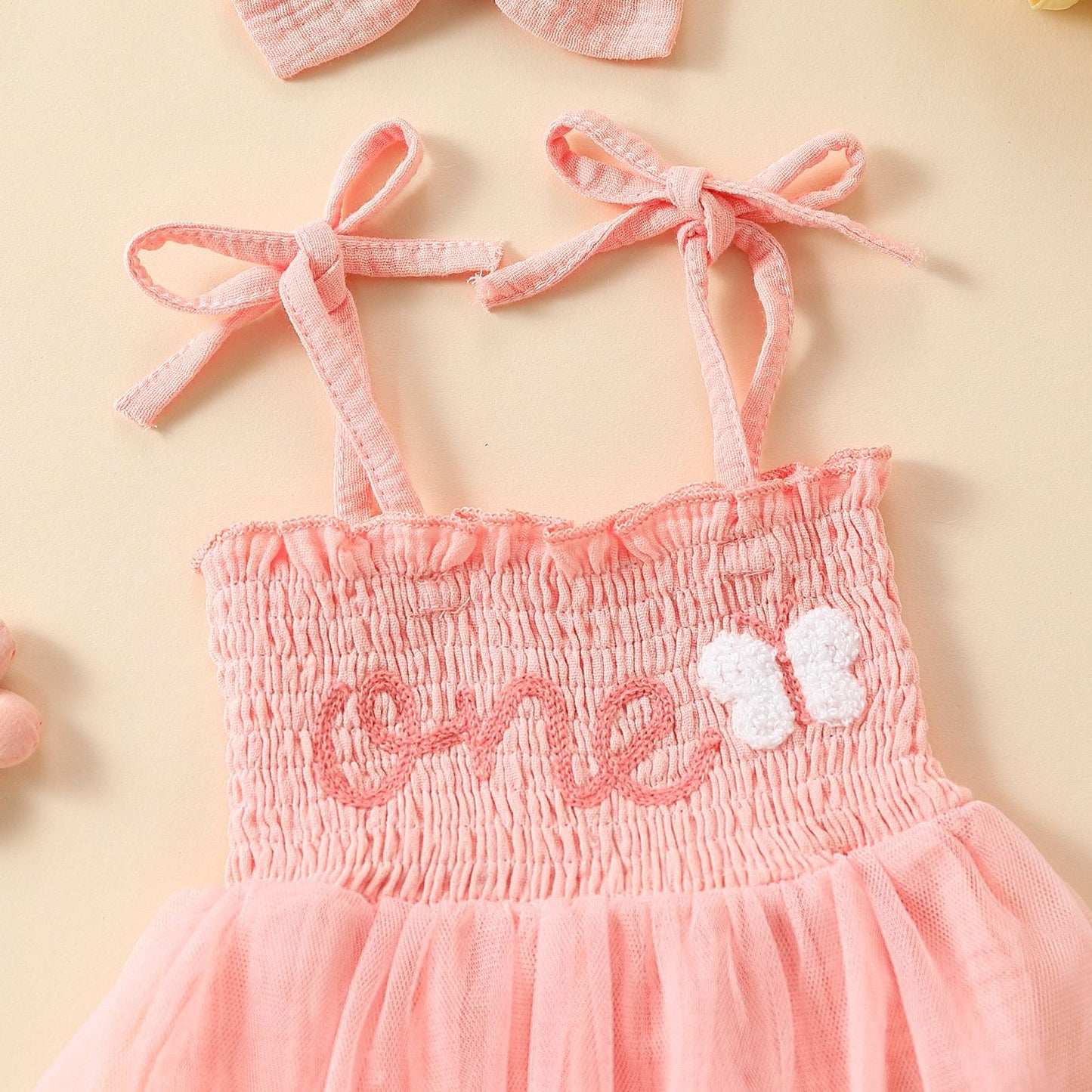 Towel Embroidery Mesh Slip Dress Bowknot Headband Two-piece Set - MomiDream