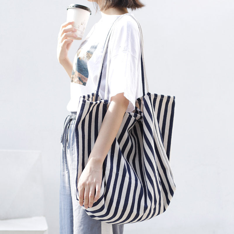 Striped Canvas Bags High Capacity Shoulder Bags For Women Fashion Shopper Handbags Casual Shopping Totes - MomiDream