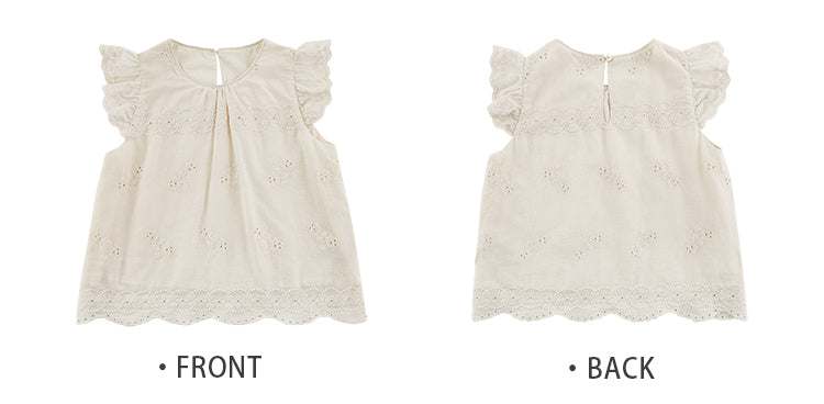 Beige girls embroidered cotton sleeveless top with floral design and ruffle sleeves