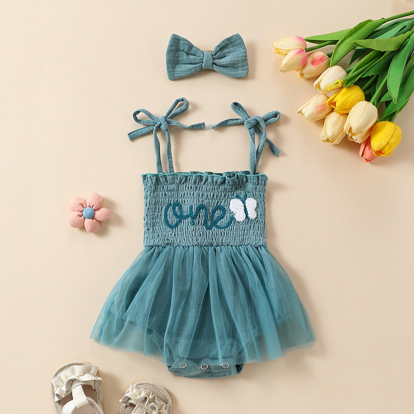Towel Embroidery Mesh Slip Dress Bowknot Headband Two-piece Set - MomiDream