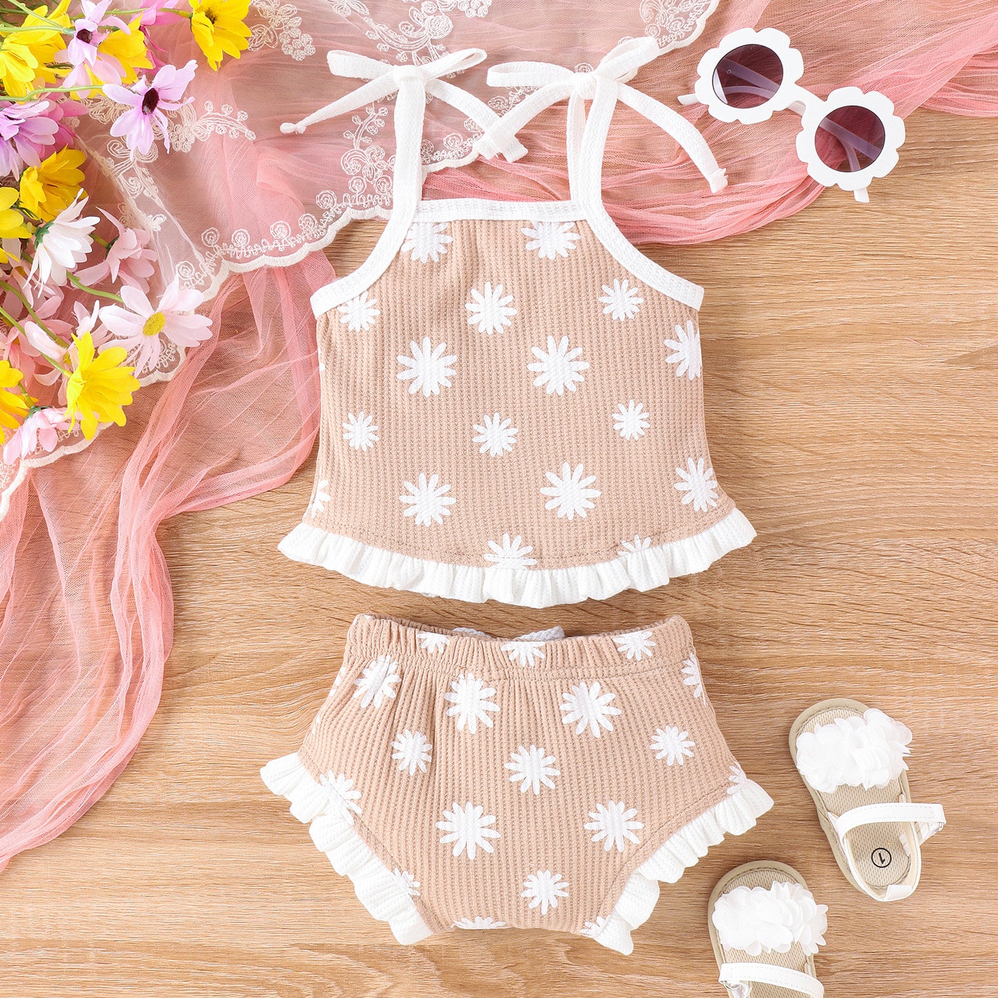 Waffle Two-piece Set Baby Triangle Shorts Suit - MomiDream