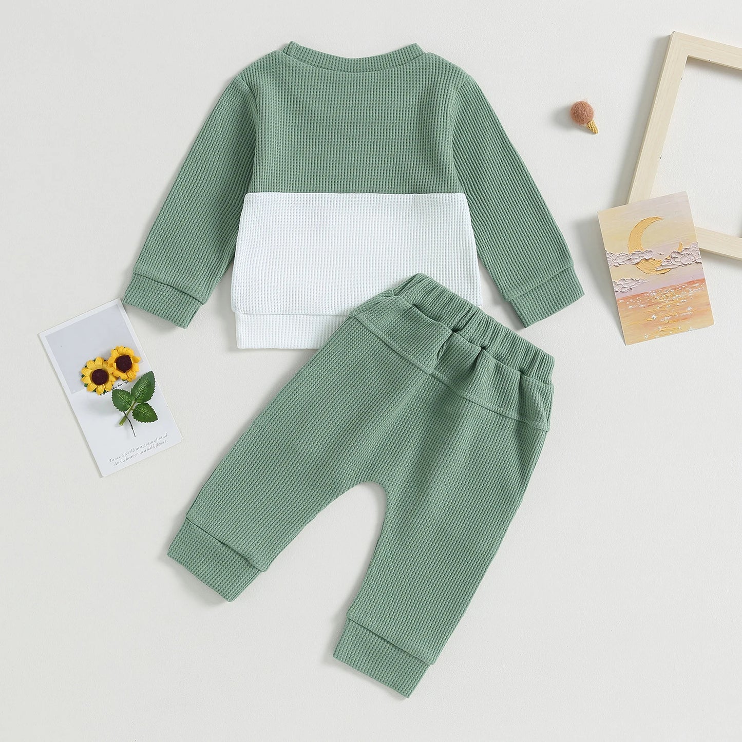 Color Matching Pocket Waffle Sweater Lace-up Sweatpants 2-Piece Children's Fashion Casual Wear Baby Suit - MomiDream
