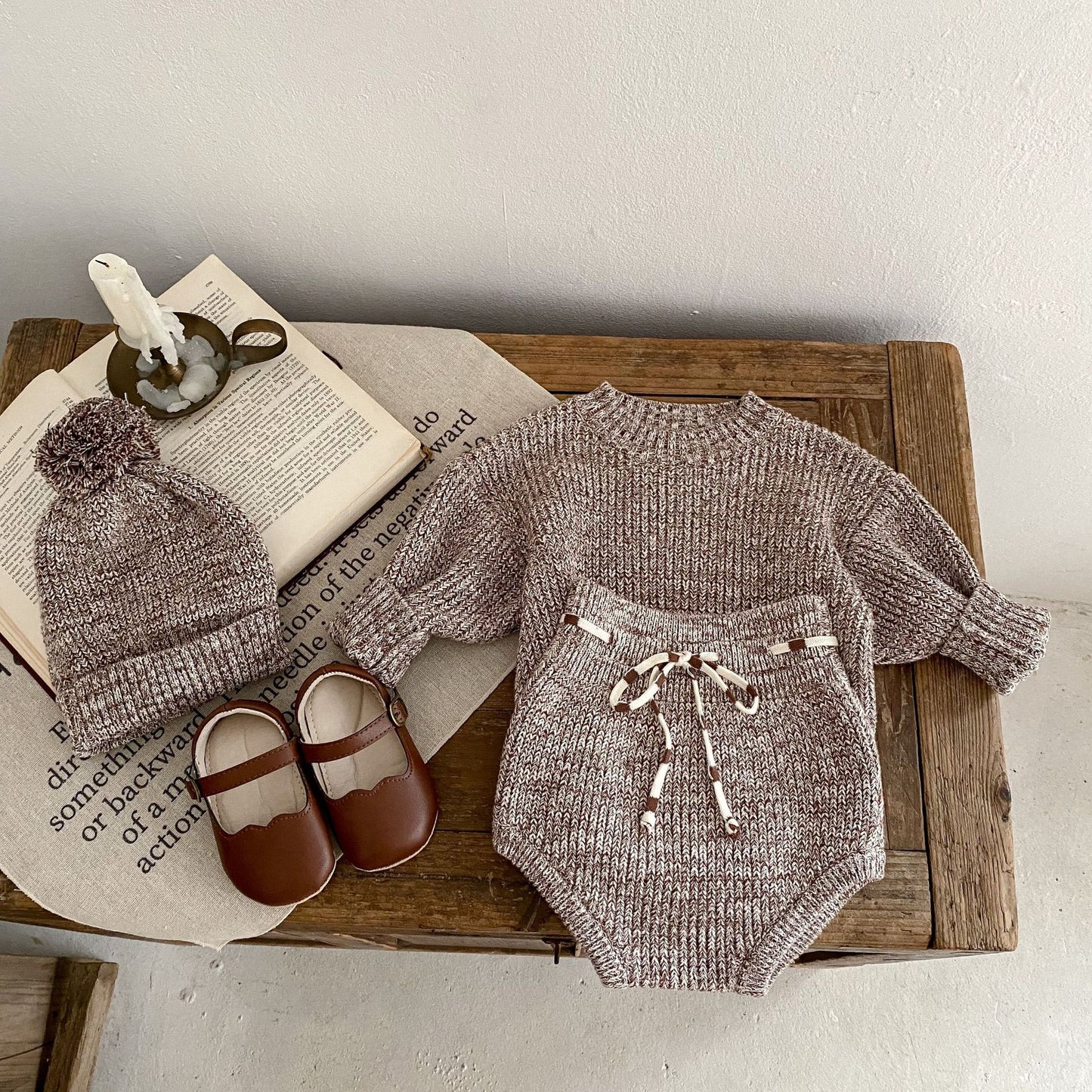 Infant Baby Girl Mixed Color Thick Needle Pullover Pants Pullover Fur Ball Knitted Hat 3-piece Set - MomiDream