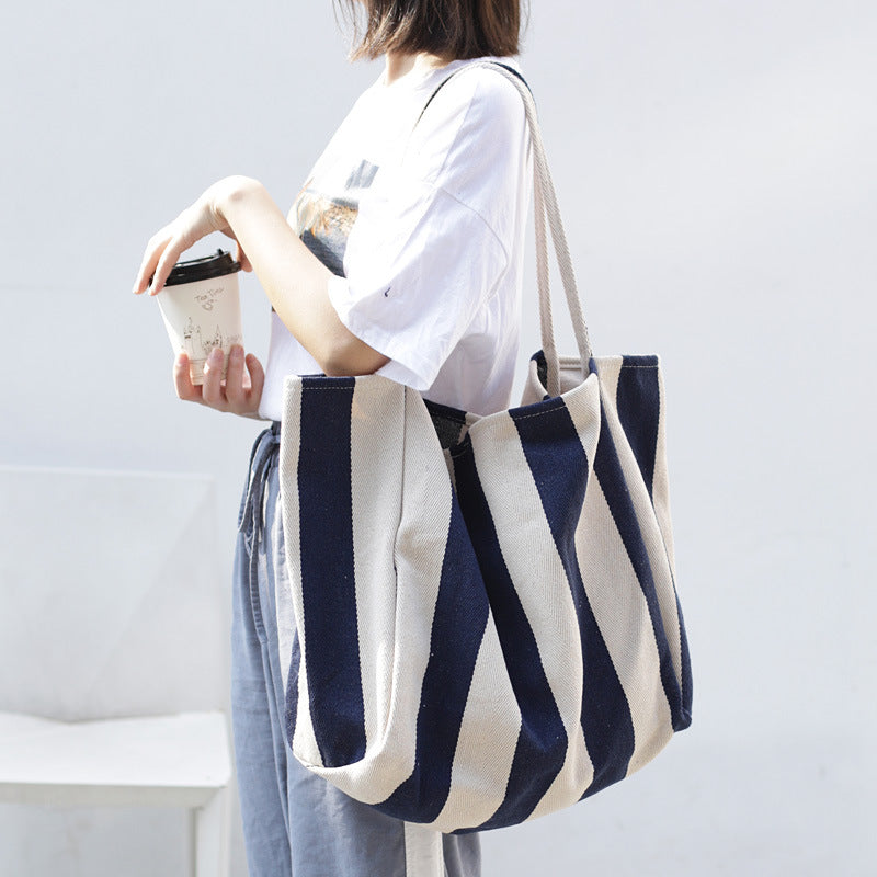Striped Canvas Bags High Capacity Shoulder Bags For Women Fashion Shopper Handbags Casual Shopping Totes - MomiDream