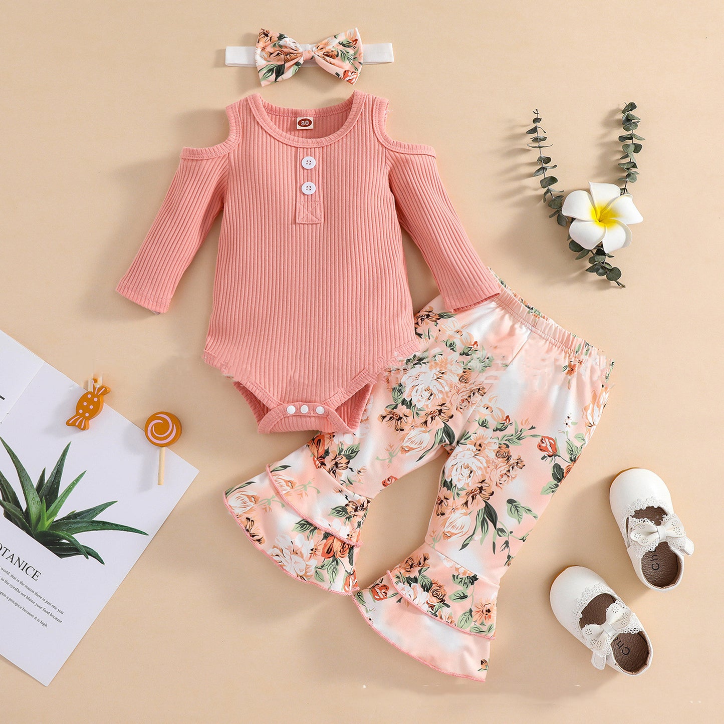 Girls' Sunken Stripe Rompers Jumpsuit Flower Flared Pants Hair Band Three-piece Set - MomiDream