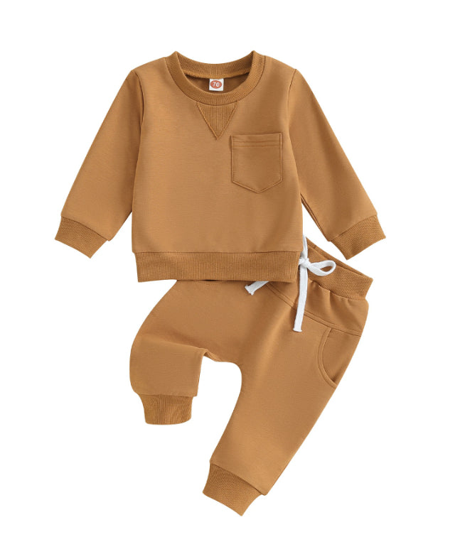 Solid Color Boy Letter Printed Round Neck Long Sleeve Trousers Suit - MomiDream