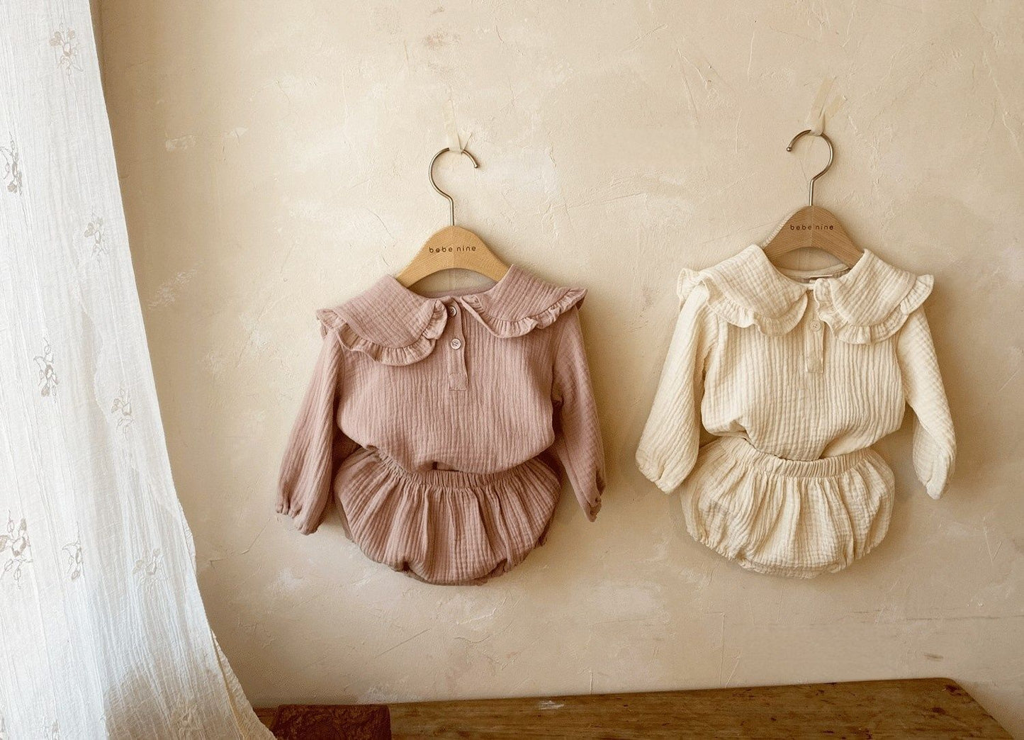 Baby Wrinkled Cotton Ruffle Collar Lapel Top Pants Set - MomiDream