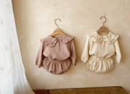Baby Wrinkled Cotton Ruffle Collar Lapel Top Pants Set