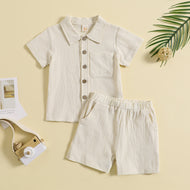 Summer Cotton And Linen Casual Style Short Sleeve Lapel Polo Shirt Two-piece Suit