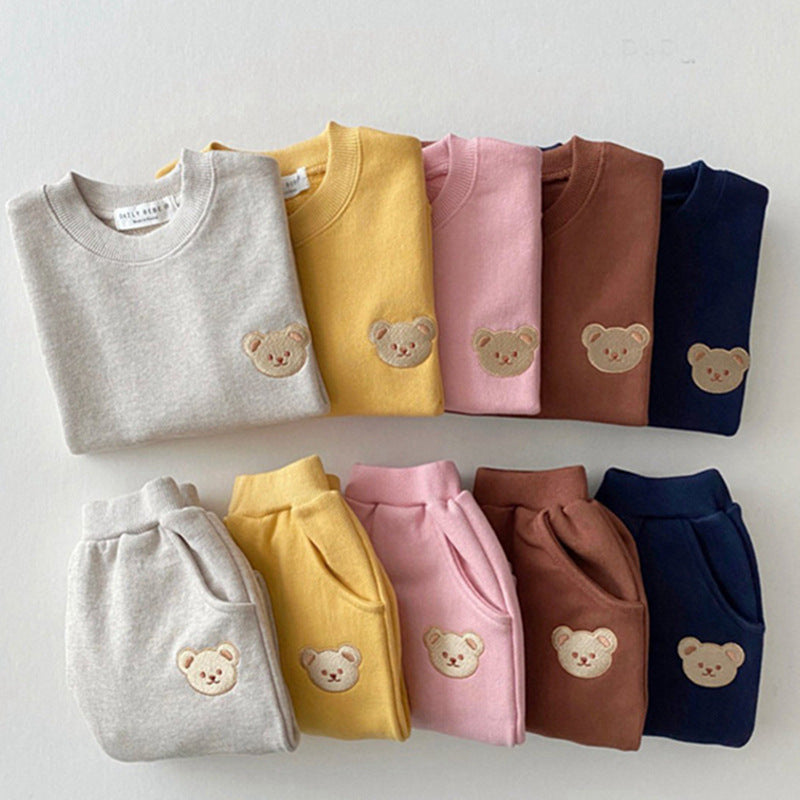 Newborn Infant Children's Cotton Bear Round Neck Sweater Sports Suit Cartoon Two Piece Set - MomiDream