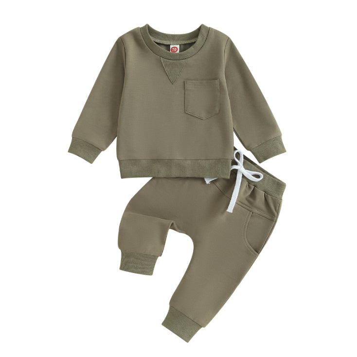 Solid Color Boy Letter Printed Round Neck Long Sleeve Trousers Suit - MomiDream