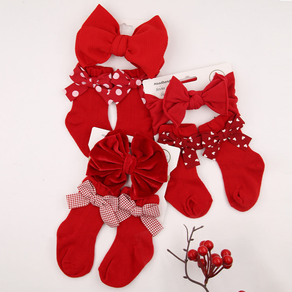 Baby Bow Hair Band Socks Suit Children's Christmas Big Bow Socks Combination - MomiDream
