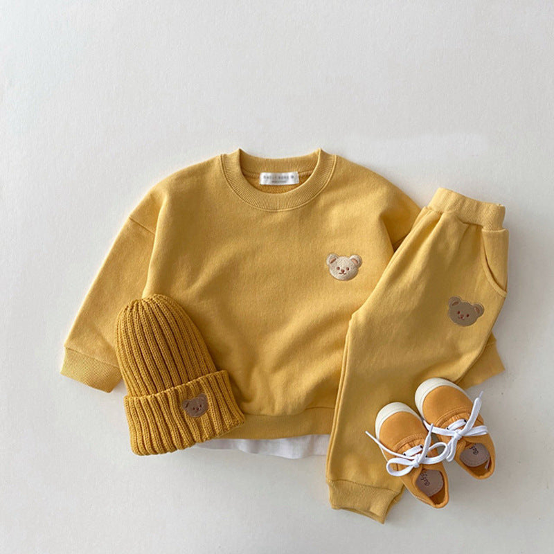 Korean Style Ins Newborn Infant Children's Cotton Bear Round Neck Sweater Sports Suit Baby Leisure Cartoon Two Piece Set - MomiDream