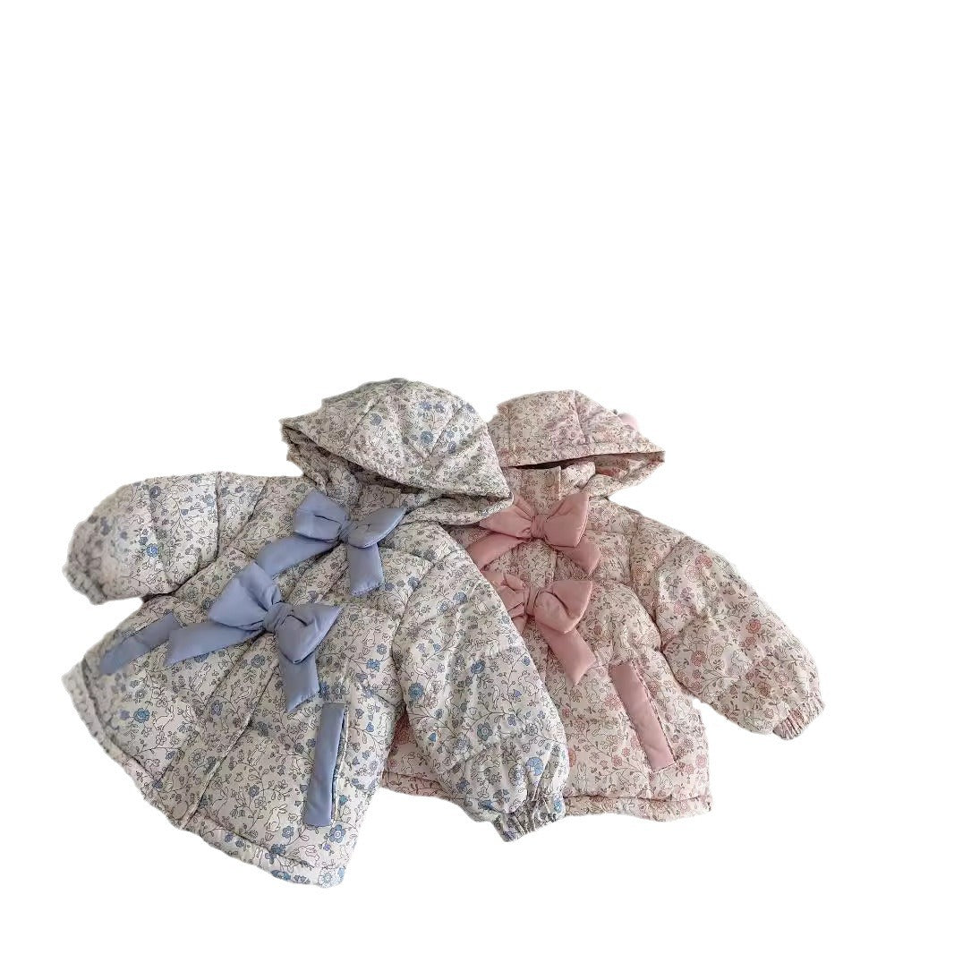 Winter Fashion Baby Floral Print Winter Bow Hooded Jacket - MomiDream