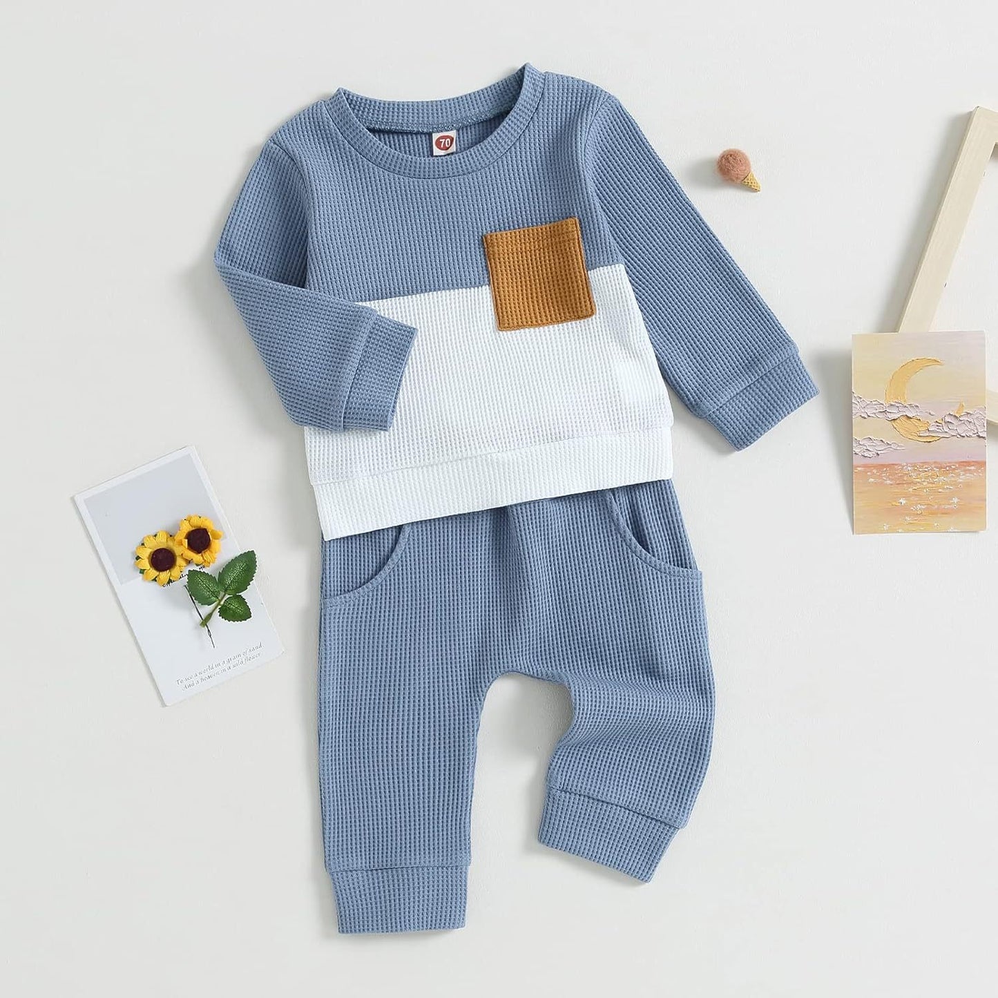 Color Matching Pocket Waffle Sweater Lace-up Sweatpants 2-Piece Children's Fashion Casual Wear Baby Suit - MomiDream