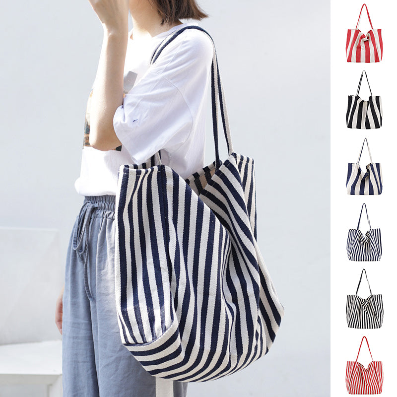 Striped Canvas Bags High Capacity Shoulder Bags For Women Fashion Shopper Handbags Casual Shopping Totes - MomiDream