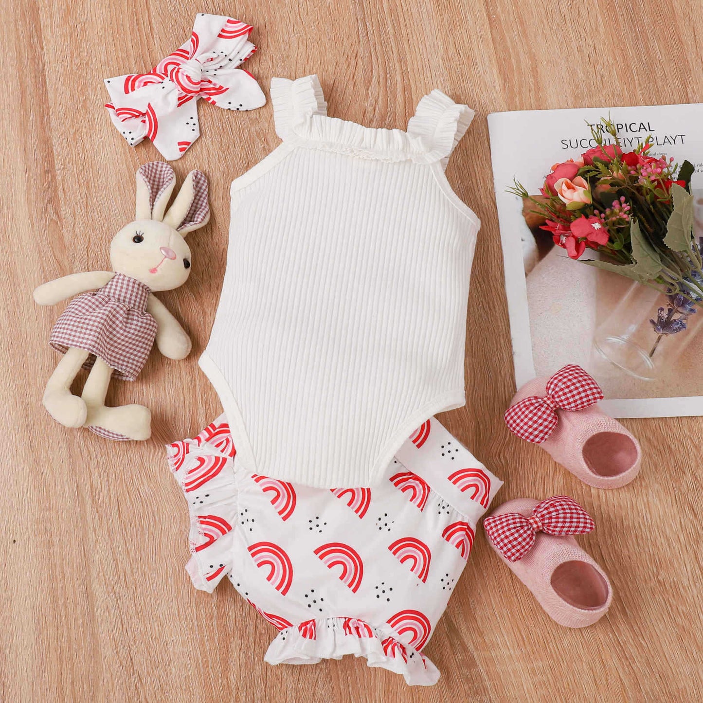 Girls' Fashion Sling Pit Striped Harness Printed Shorts Set