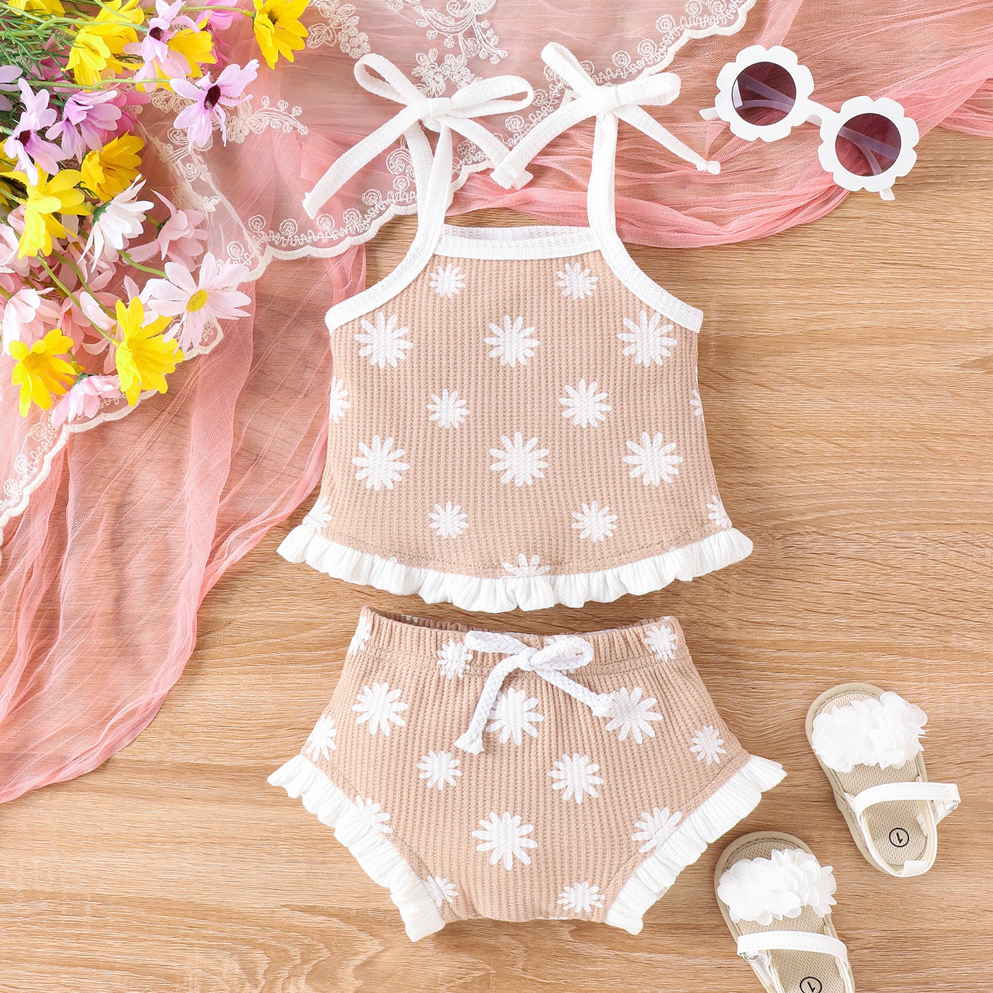 Waffle Two-piece Set Baby Triangle Shorts Suit - MomiDream