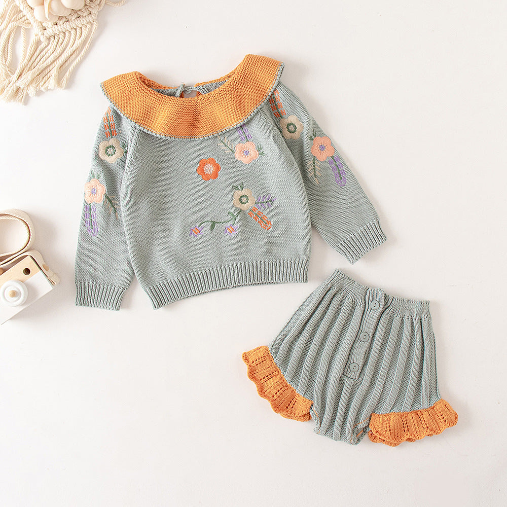 Baby Girl Baby Knitted Suit Embroidered Lotus Leaf Collar Top - MomiDream