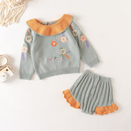 Baby Girl Baby Knitted Suit Embroidered Lotus Leaf Collar Top