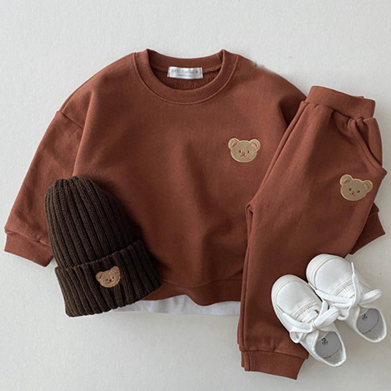 Newborn Infant Children's Cotton Bear Round Neck Sweater Sports Suit Cartoon Two Piece Set - MomiDream