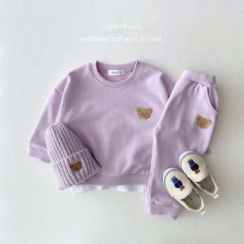 Korean Style Ins Newborn Infant Children's Cotton Bear Round Neck Sweater Sports Suit Baby Leisure Cartoon Two Piece Set - MomiDream
