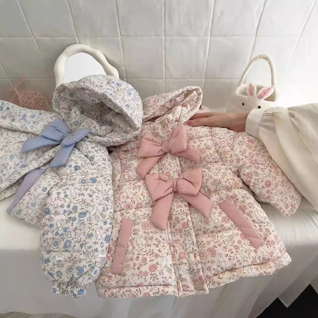 Winter Fashion Baby Floral Print Winter Bow Hooded Jacket - MomiDream