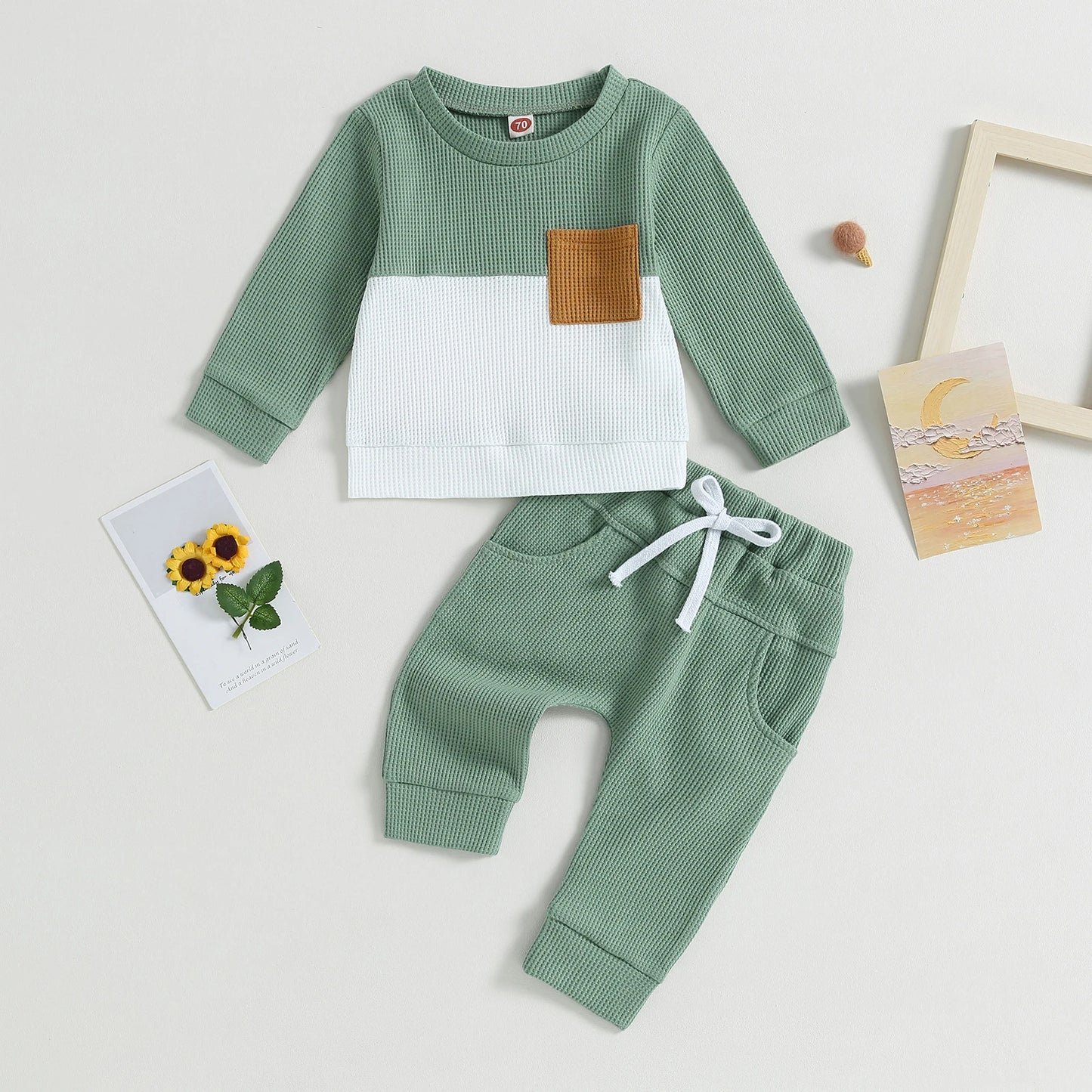 Color Matching Pocket Waffle Sweater Lace-up Sweatpants 2-Piece Children's Fashion Casual Wear Baby Suit - MomiDream
