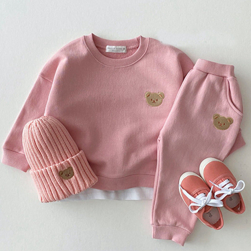 Newborn Infant Children's Cotton Bear Round Neck Sweater Sports Suit Cartoon Two Piece Set - MomiDream