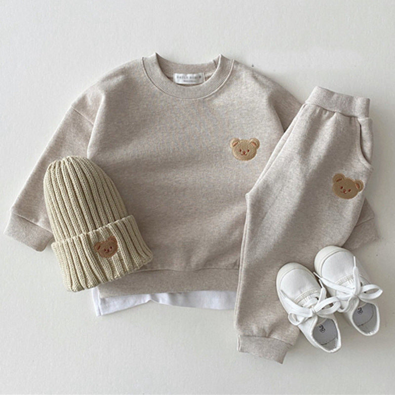 Newborn Infant Children's Cotton Bear Round Neck Sweater Sports Suit Cartoon Two Piece Set - MomiDream