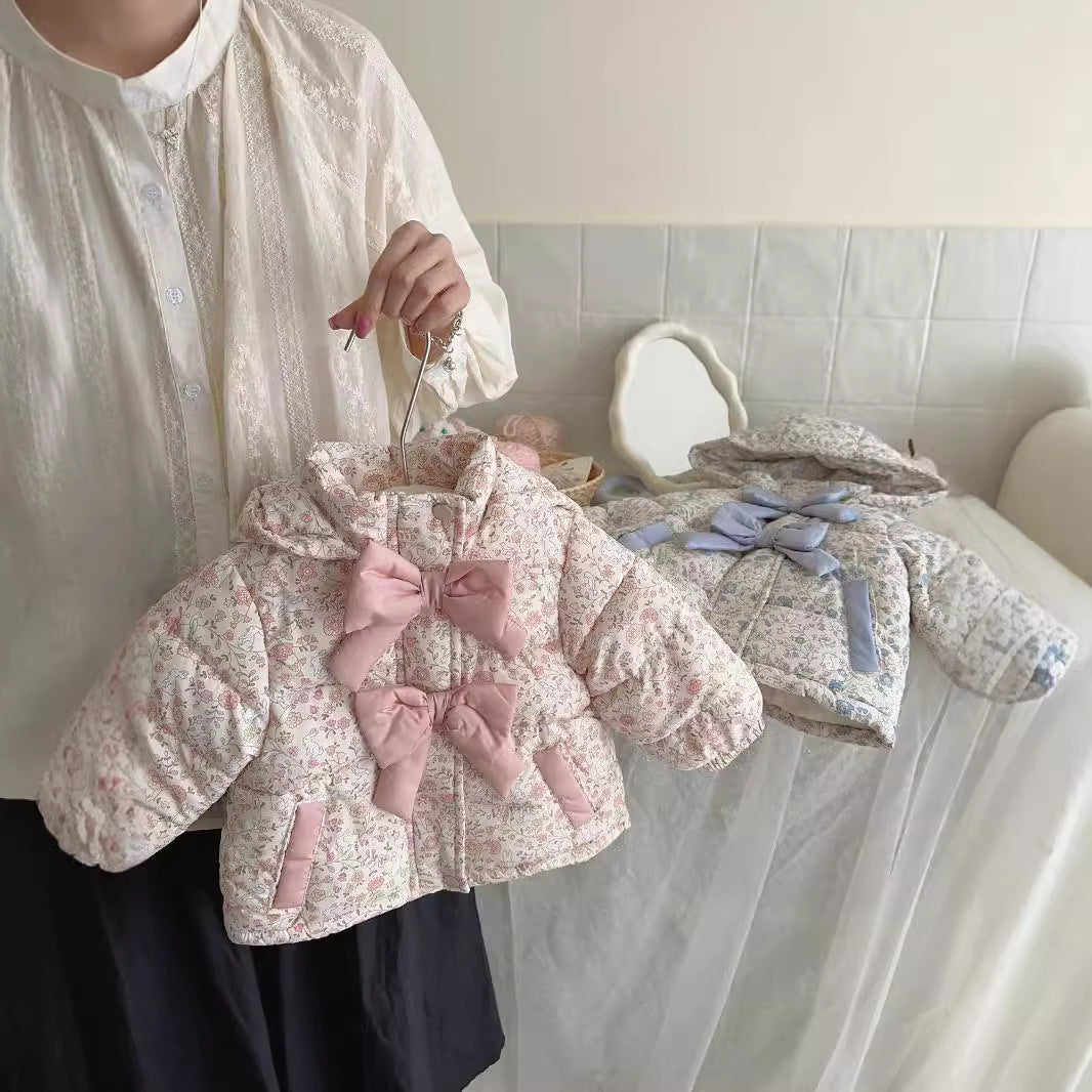 Winter Fashion Baby Floral Print Winter Bow Hooded Jacket - MomiDream