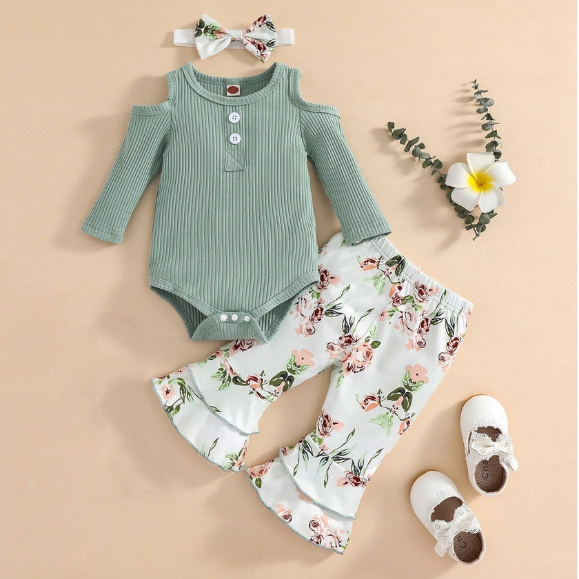 Girls' Sunken Stripe Rompers Jumpsuit Flower Flared Pants Hair Band Three-piece Set