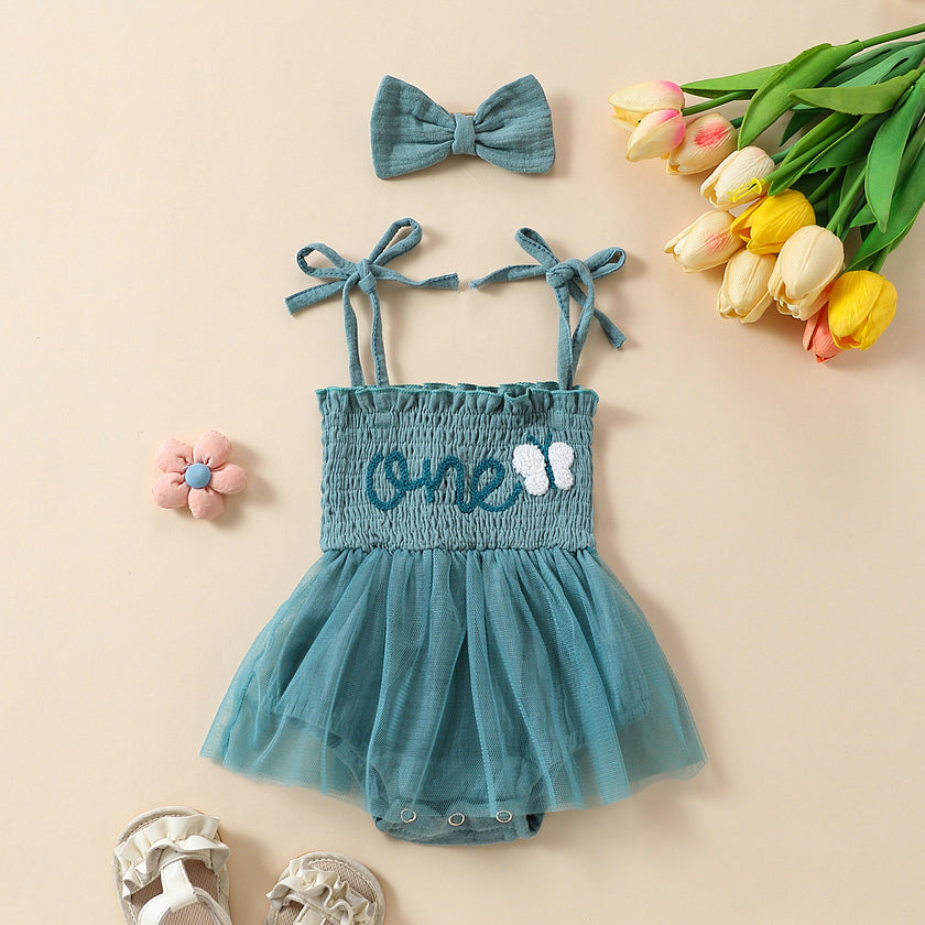 Towel Embroidery Mesh Slip Dress Bowknot Headband Two-piece Set