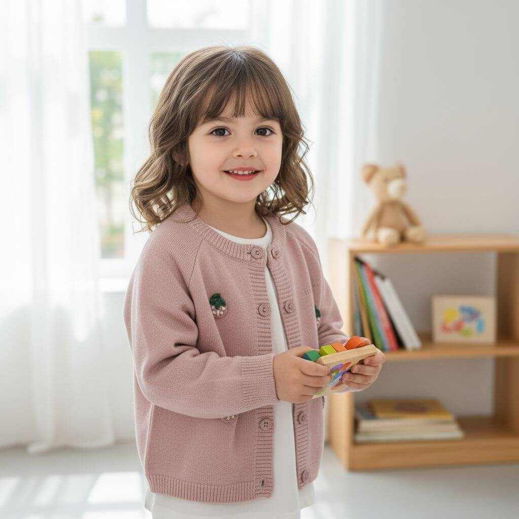 MomiDream Girls Strawberry Cardigan – Soft Knit Button Sweater for Toddlers