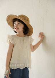 MomiDream Girls Embroidered Cotton Sleeveless Top – Beige Floral Blouse