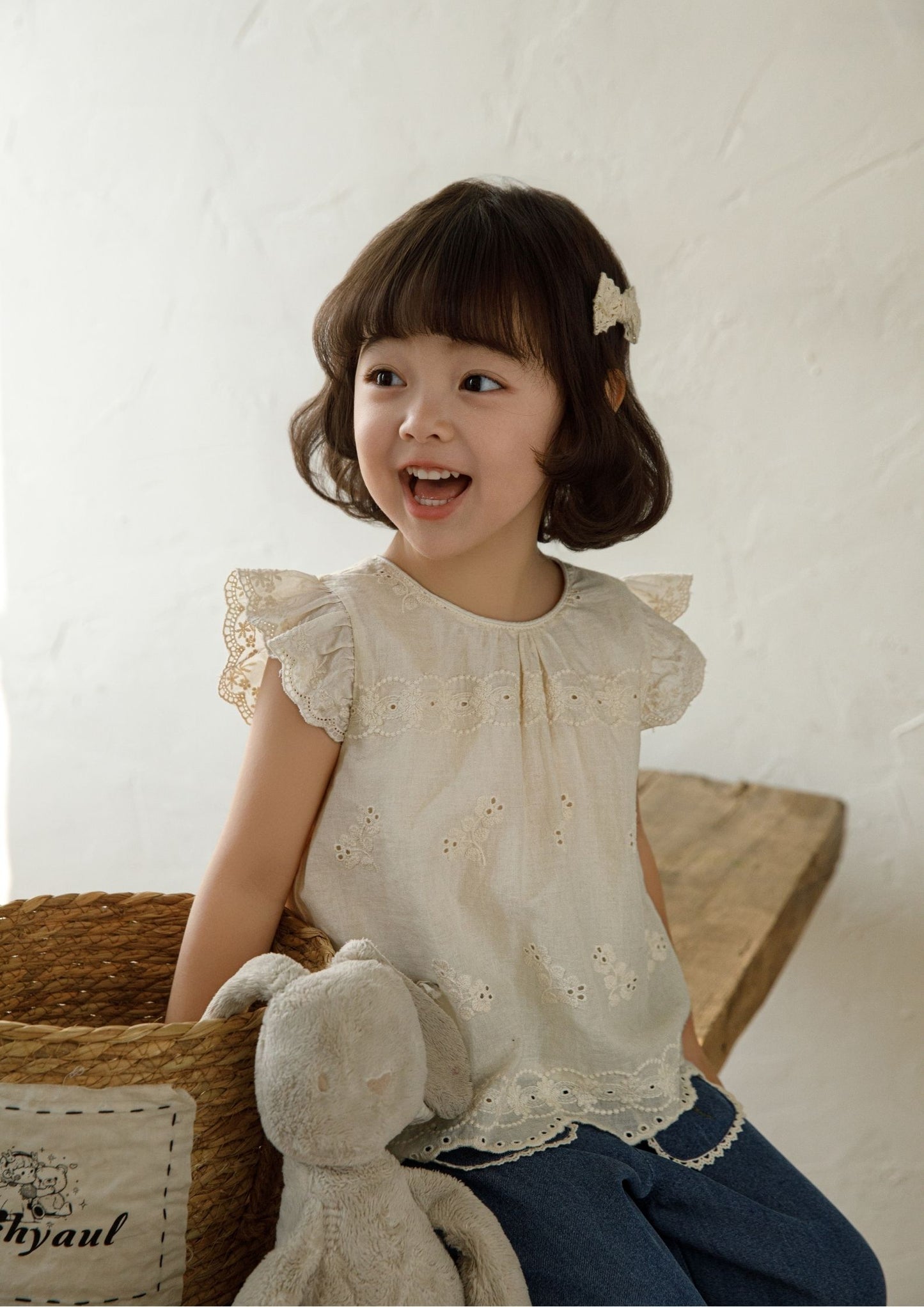 Girls Embroidered Cotton Sleeveless Top – Beige Floral Blouse