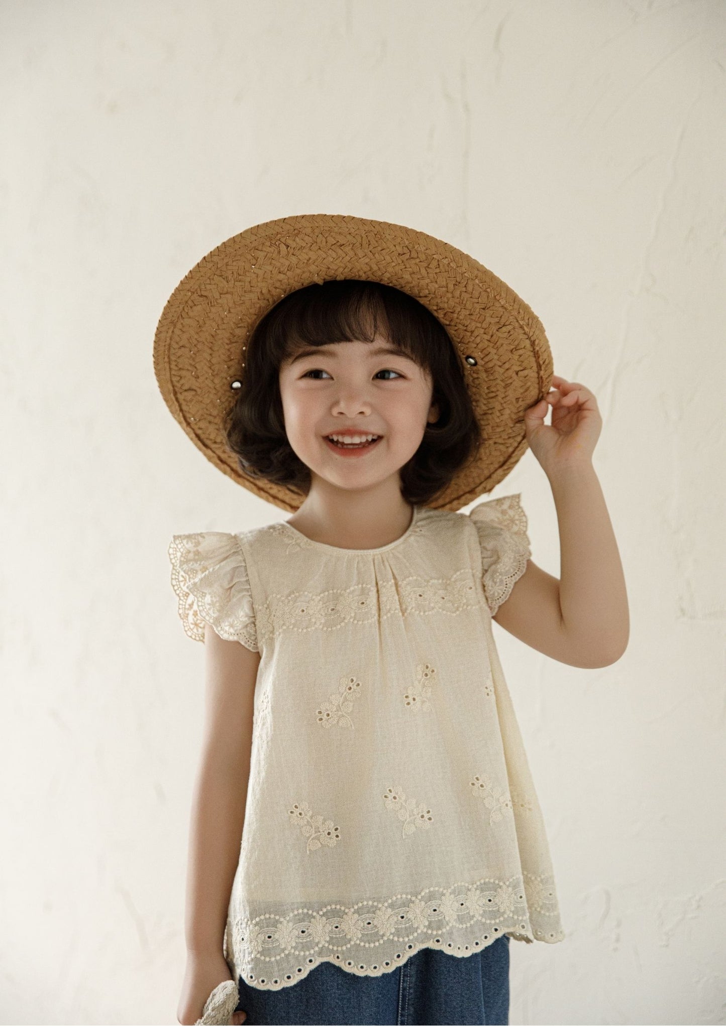  Girls Embroidered Cotton Sleeveless Top – Beige Floral Blouse